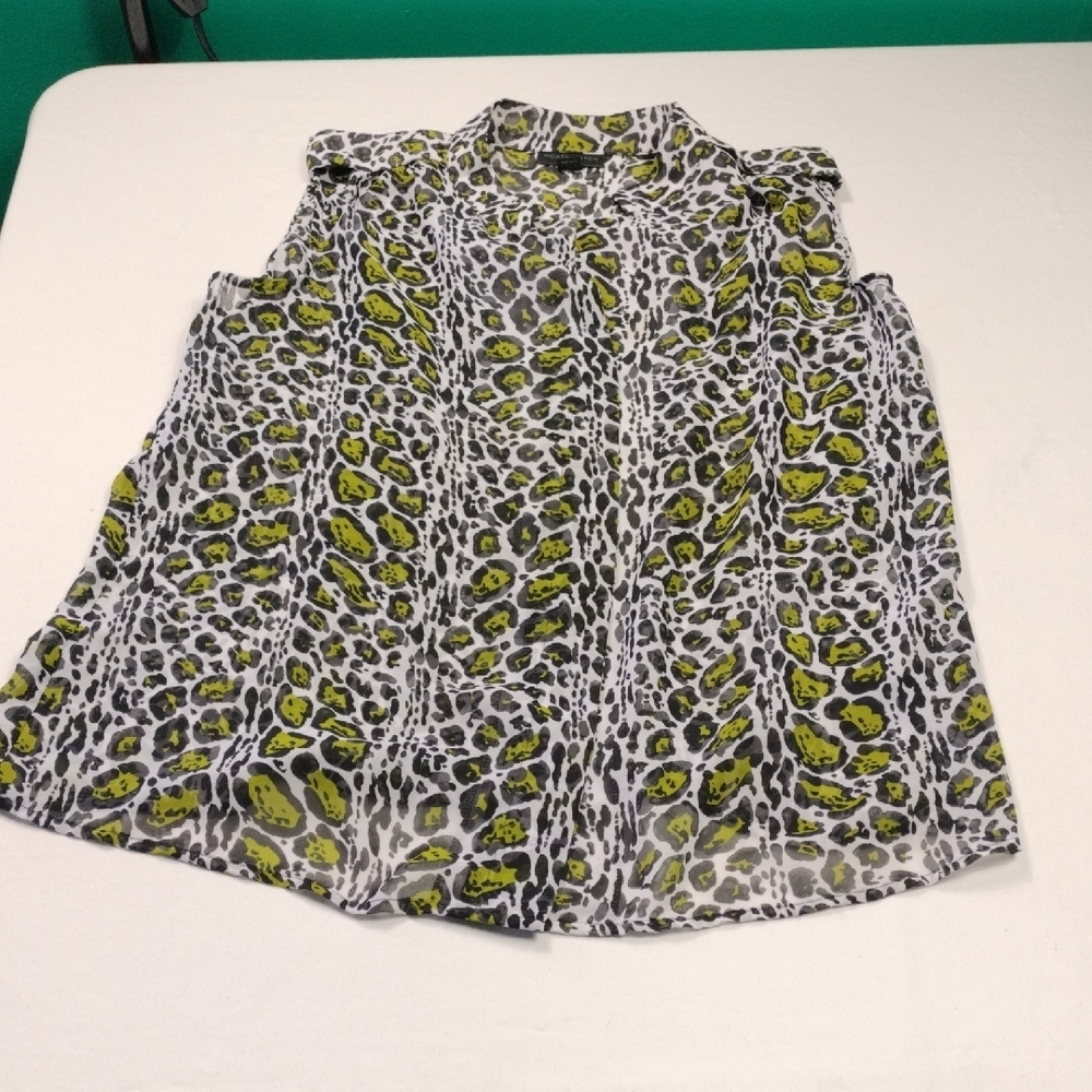 Worthington Animal Print Button Up Top in Black, White, and Green